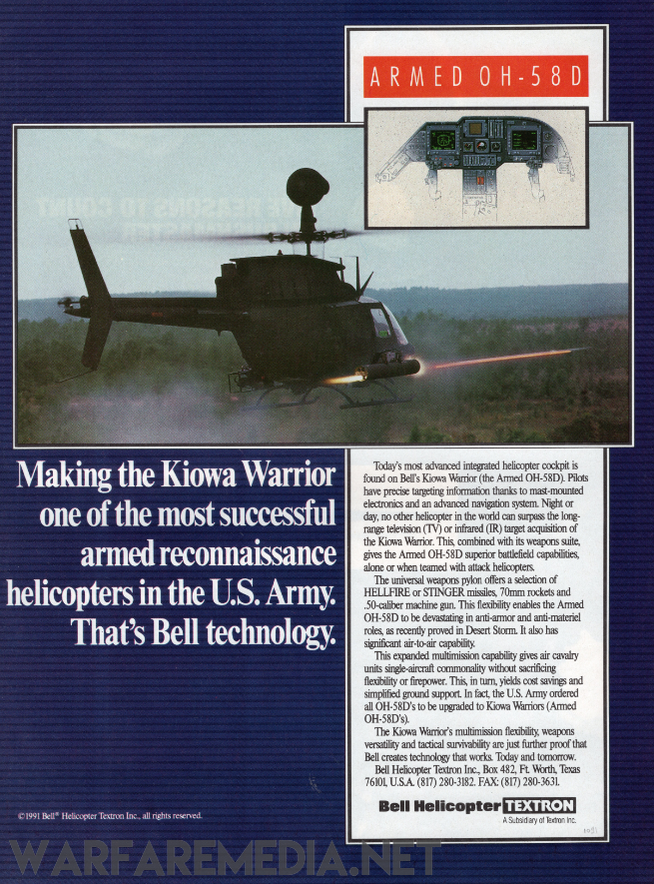 A helicopter in flight against a dusky sky with the text "ARMED OH-58D" at the top. Below, text promotes the Kiowa Warrior as a leading armed reconnaissance helicopter in the U.S. Army with the statement, "That's Bell technology." This high-quality poster, part of Warfare Media's collection, is printed on FSC-certified paper and serves as a premier Kiowa Warrior Sales Ad.