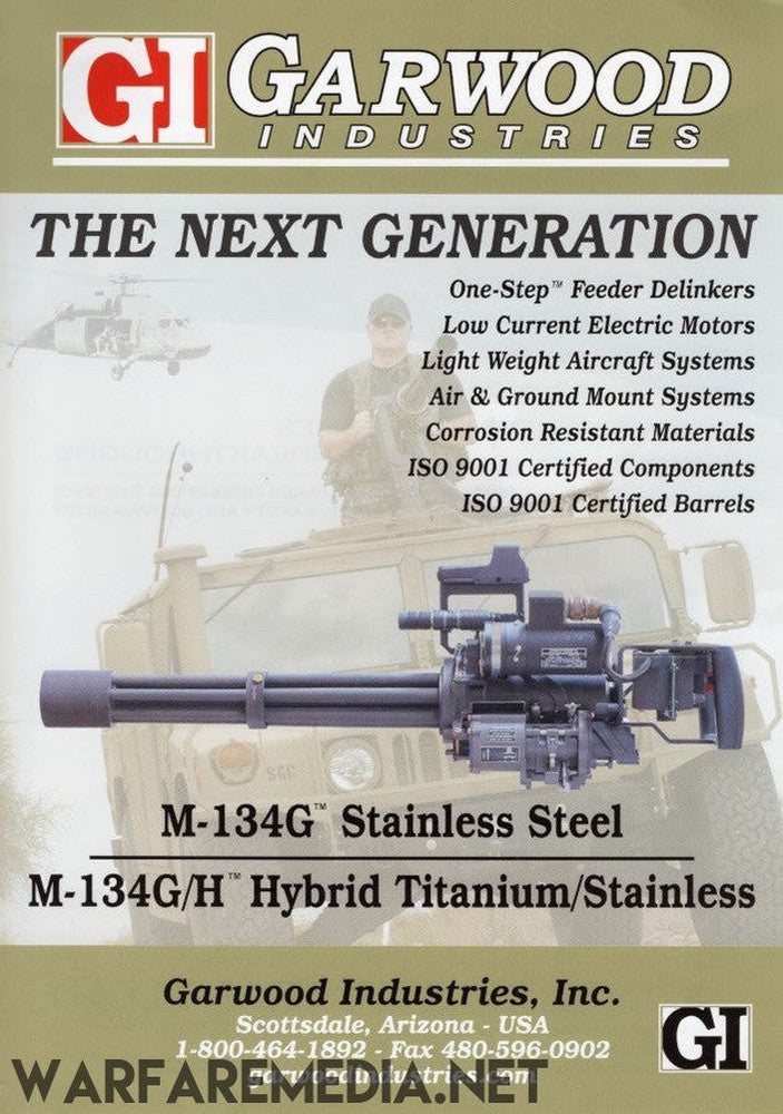 Advertisement for Warfare Media featuring a soldier equipped with cutting-edge military gear. The M134G Sales Ad emphasizes key features such as one-step feeder delinkers, ISO 9001 certifications, lightweight components, and corrosion-resistant materials. Our premium posters and contact information are displayed at the bottom.