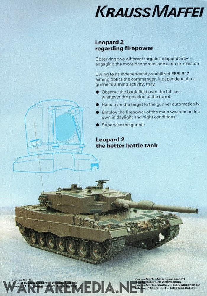 A brochure titled "Leopard 2 Commanders Optic Sales Ad" by Warfare Media, printed on high-quality semi-glossy paper. The image features the tank in a rugged outdoor setting with technical specifications and a schematic diagram of its PERI R17 aiming optics system. The tank is predominantly olive green with mounted weaponry.