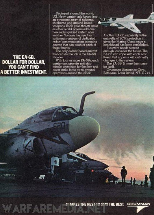 A vintage advertisement, titled the Grummen EA-6B Prowler Sales AD by Warfare Media, showcases the EA-6B aircraft, emphasizing its operational capabilities and advantages over other aircraft. A large image of the EA-6B dominates the top portion of this high-quality 170 gsm paper poster, with text detailing its features. Below, several EA-6Bs are lined up on an airstrip at sunset.