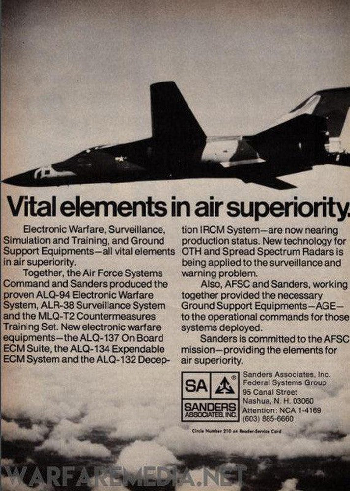 The "Vital elements in air superiority" sales ad by Warfare Media showcases a plane soaring through the sky. The text emphasizes various airborne electronic systems by Sanders Associates Inc., including the ALQ-94 Electronic Warfare System, advanced reconnaissance systems, and countermeasures such as the ALQ-134 Expendable ECM System, all essential for maintaining air superiority in the Air Force.