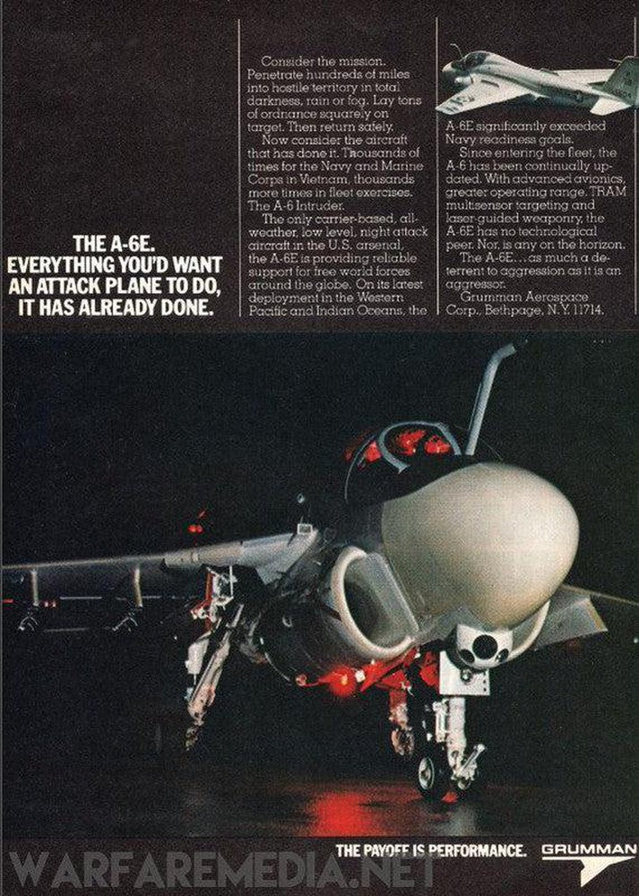 Advertisement featuring a parked Grummen EA-6E Intruder by Warfare Media. The text emphasizes the aircraft's exceptional capabilities and performance, stating: "Everything you'd want an attack plane to do, it has already done." and "The payoff is performance." Available as high-quality posters on semi-glossy paper with robust packaging.