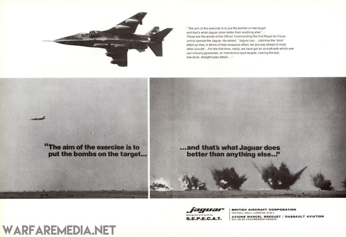 Promotional material for the Jaguar "Bombs on target" Sales Ad by Warfare Media includes four high-quality posters. The top left image features a Jaguar jet in flight, while the other three showcase a zoomed-out view of the jet, text about bomb targeting, and ground explosions. The advertisement emphasizes its effectiveness and is printed on FSC-certified paper.