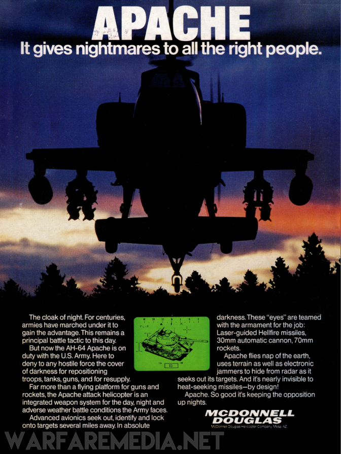 An advertisement for the "It gives nightmares to all the right people" Apache sales Ad by Warfare Media. The dark-toned image showcases a silhouette of an Apache hovering above a nighttime landscape. Text highlights the helicopter's advanced capabilities in combat and night missions, available as high-quality posters with robust packaging.