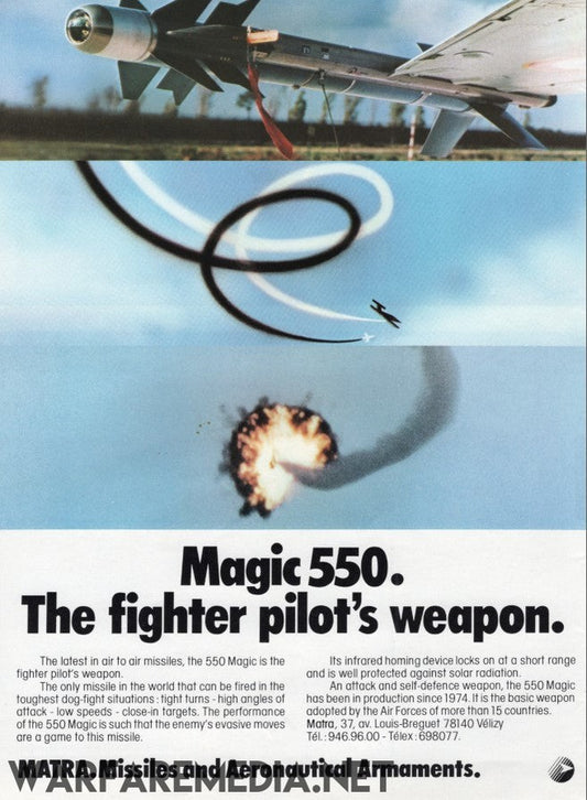 A vintage advertisement from Warfare Media features a fighter jet launching a missile, with an explosion illuminating the sky. The headline states, "Magic 550. The fighter pilot’s weapon." This Matra Magic 550 Sales Ad is printed on high-quality, semi-glossy, FSC-certified paper and details the missile's capabilities and manufacturer.