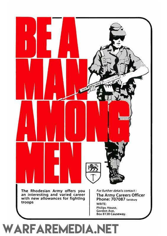 Promotional Warfare Media recruitment poster, "Be A Man Among Men," features a soldier holding a rifle with large red text. Printed on high-quality semi-glossy paper, it includes contact information for an Army Careers Officer, an insignia, and a map illustration near the bottom.