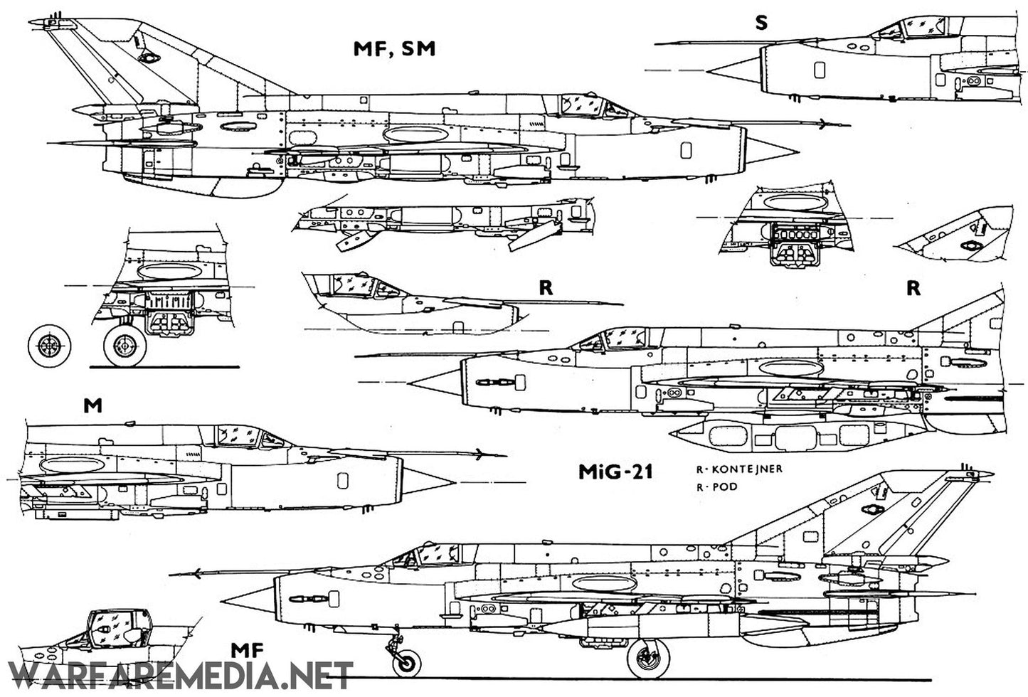 The "MIG-21 Cross Sections" by Warfare Media offers a technical drawing of various views of a MiG-21 aircraft, including side, top, bottom, front, and detailed sections of specific parts. High-quality posters feature different versions such as MF, SM, S, and M models to showcase structural variations and components. Robust packaging guarantees safe delivery.