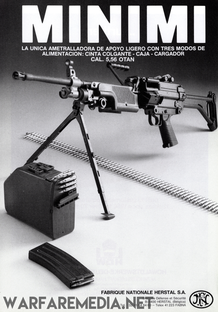 The Minimi Light Machine Gun Sales Ad by Warfare Media is a black and white poster showcasing a Minimi light machine gun with detachable magazine and belt-fed ammo options. Printed on high-quality semi-glossy paper, the poster features technical specifications, manufacturer details (Fabrique Nationale Herstal S.A.), and the website "WARFAREMEDIA.NET" at the bottom center.