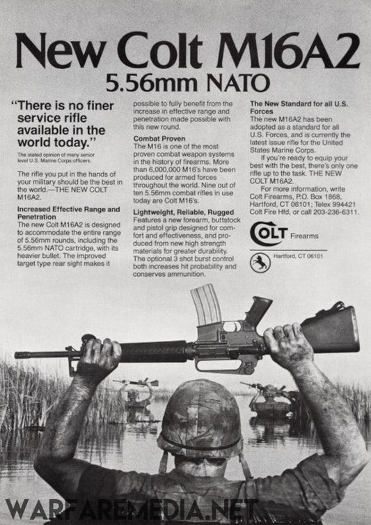 A black-and-white advertisement from Warfare Media, featuring the Colt M16A2 Sales Ad printed on FSC-certified paper, emphasizes the rifle's features such as 5.56mm NATO caliber and enhanced range, accuracy, and reliability. The ad includes an image of a soldier holding the rifle above water, accompanied by text detailing its advantages and specifications.