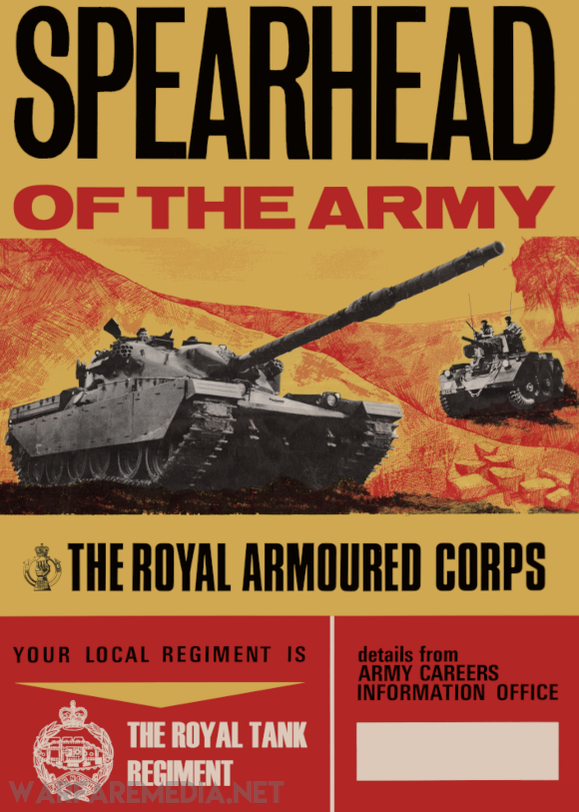 The "SPEARHEAD OF THE ARMY" RAC Recruitment Ad by Warfare Media is a vintage military recruitment poster for the Royal Armoured Corps. It features a Chieftain main battle tank and soldiers in action, with the text "Spearhead of the Army" at the top and "The Royal Armoured Corps" below. The poster also includes contact details for the Royal Tank Regiment and is printed on FSC-certified paper.