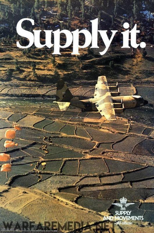 A military cargo plane flies over patchwork fields with the text "Supply it." at the top. At the bottom, the emblem for the Supply and Movements Air Offices is displayed. The image appears to be part of a high-quality recruitment or informational poster titled "SUPPLY IT" RAF Recruitment advert by Warfare Media, printed on FSC-certified paper.