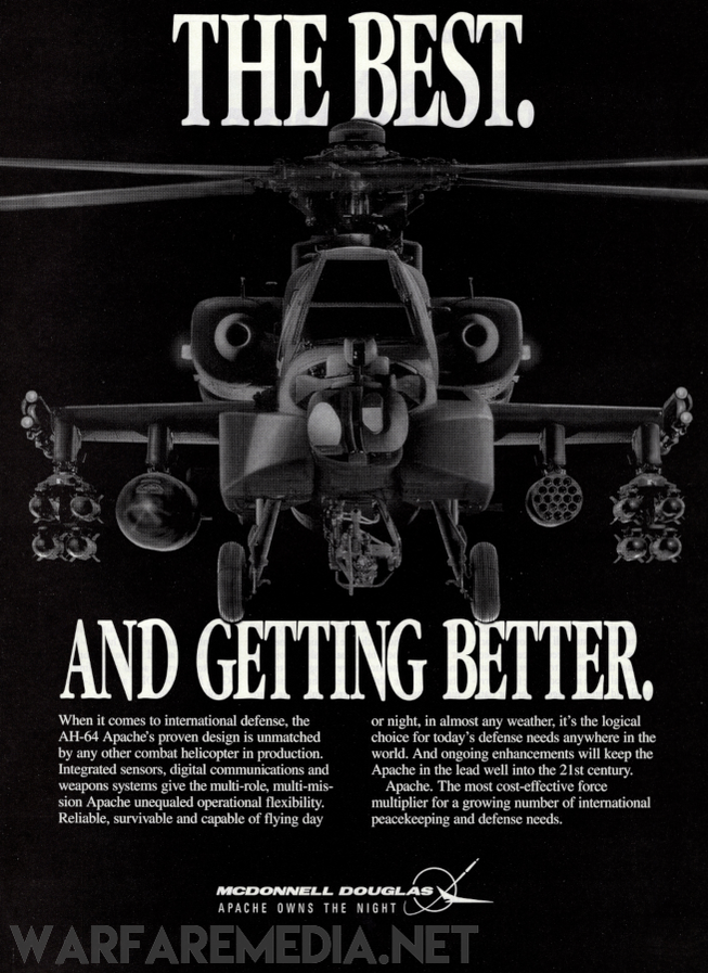 Black and white advertisement featuring the AH-64 Apache helicopter viewed from the front. Bold text at the top reads "THE BEST." followed by "AND GETTING BETTER." Below, there is smaller text detailing the advanced features of the Apache helicopter. Printed on FSC-certified paper for high-quality posters, robust packaging ensures delivery in pristine condition. At the bottom, the Warfare Media logo and tagline along with "The Best" Apache Sales Ad.