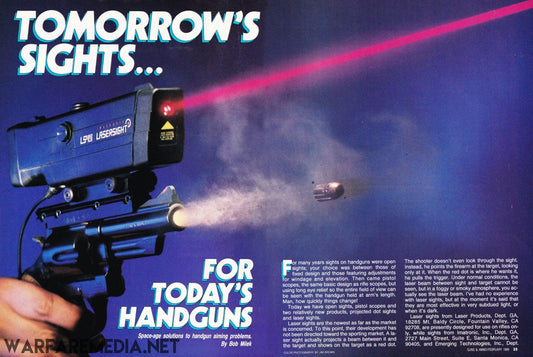 A futuristic magazine ad from Warfare Media showcases a handgun equipped with a laser sight projecting a red beam onto a bullet in mid-air. The text reads "TOMORROW'S SIGHTS FOR TODAY'S HANDGUNS." Printed on semi-glossy paper, the background includes high-quality posters with detailed descriptions of the product and its features.