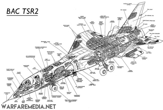 The "BAC TSR2 Cut Away" by Warfare Media features a detailed technical diagram of the BAC TSR2 aircraft, printed on semi-glossy paper. The cutaway view highlights the internal components with labels identifying various parts such as the cockpit, jet engines, fuel tanks, and weapon systems. The text "WARFAREMEDIA.NET" is displayed at the bottom left.