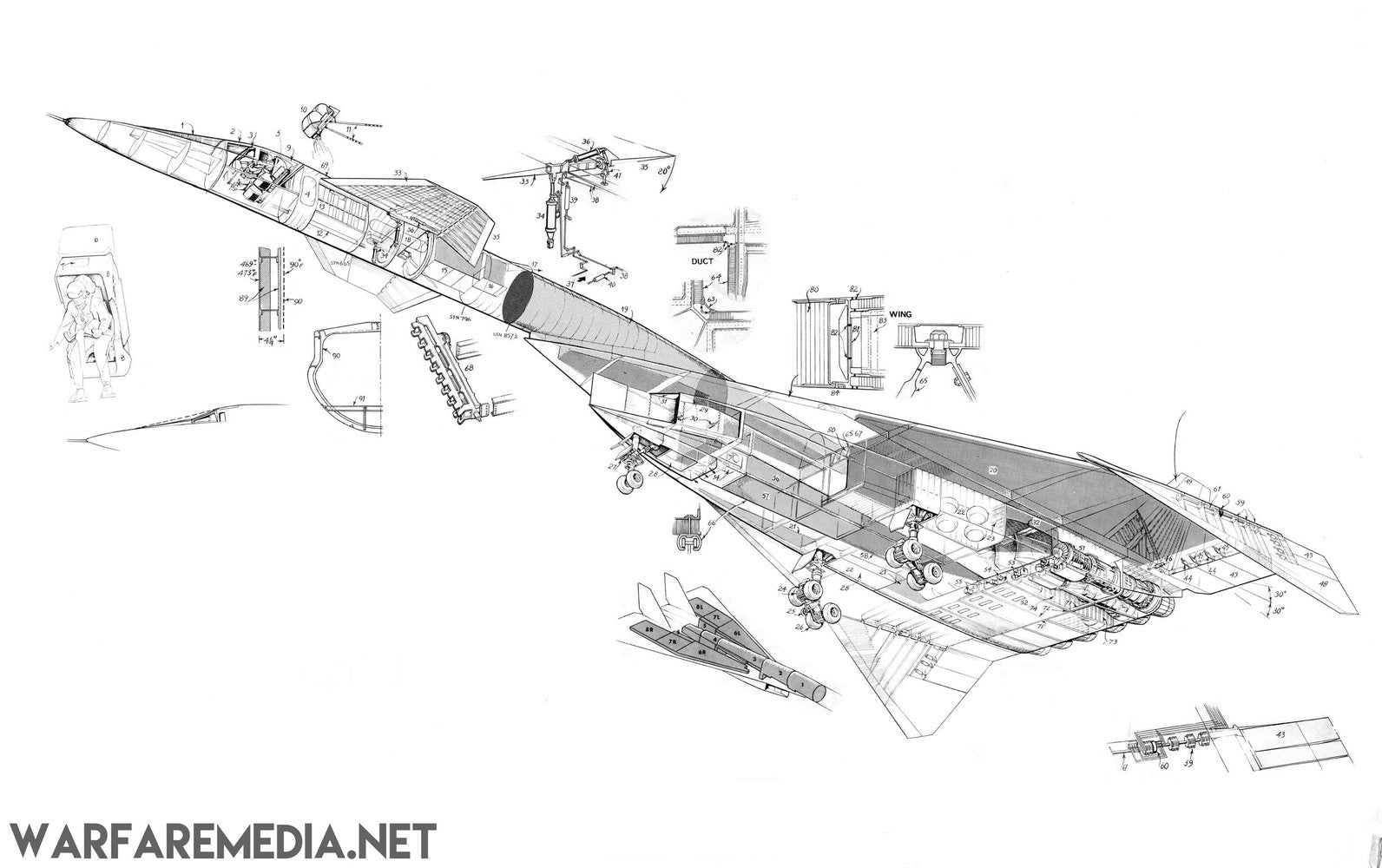 The XB70 Cut Away, from Warfare Media, features a detailed technical drawing of an aircraft showcasing its internal components and mechanisms. The image includes labeled sections and detailed insets highlighting specific parts, all printed on FSC-certified paper. The background is white with "WARFAREMEDIA.NET" written in the bottom left corner.