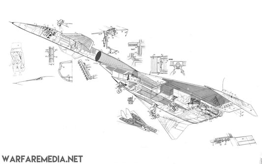 The XB70 Cut Away, from Warfare Media, features a detailed technical drawing of an aircraft showcasing its internal components and mechanisms. The image includes labeled sections and detailed insets highlighting specific parts, all printed on FSC-certified paper. The background is white with "WARFAREMEDIA.NET" written in the bottom left corner.